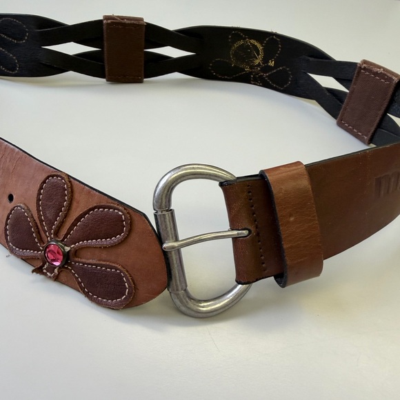MB3 Vintage Boho Leather Belt with Pink Rhinestone Flowers - Size M - Picture 4 of 8